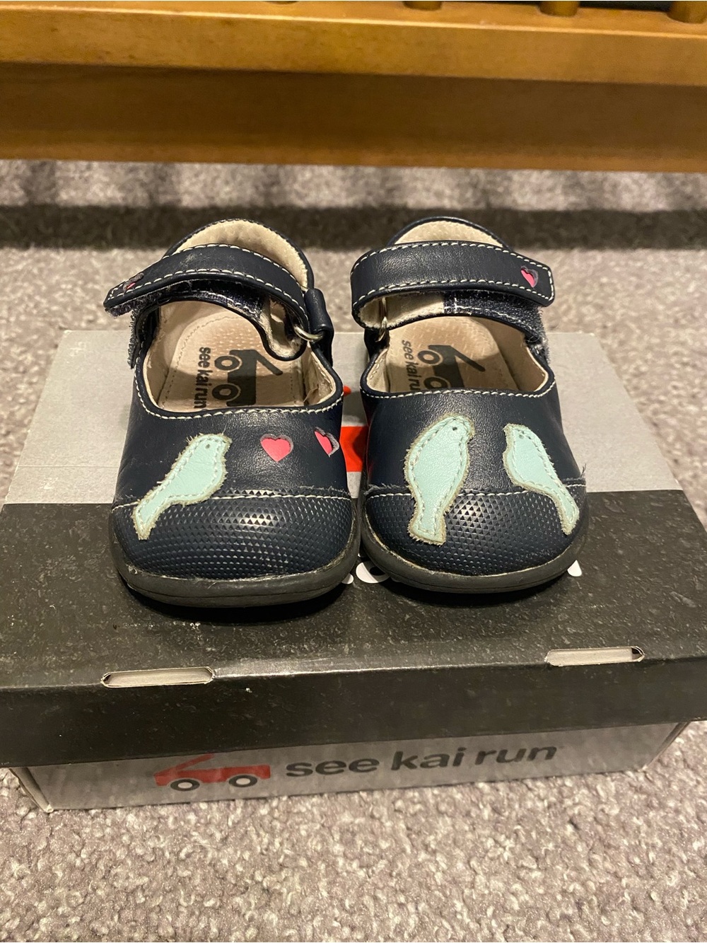 See Kai Run Navy Girls Mary Jane Shoes with Mint Bird Appliqué